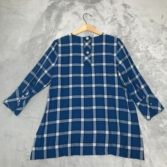 J. Jill Top Womens Small Blue Plaid Chambray 3/4 Sleeve A Line Hi Low Button - Picture 2 of 12